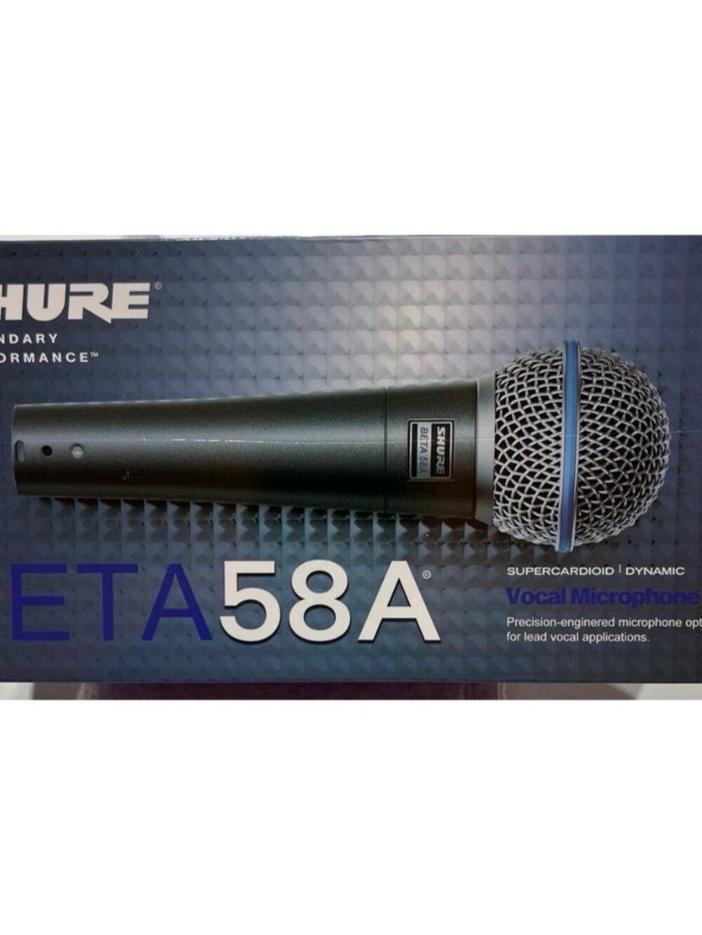 Shure Beta 58A supercardioid dynamic vocal microphone.